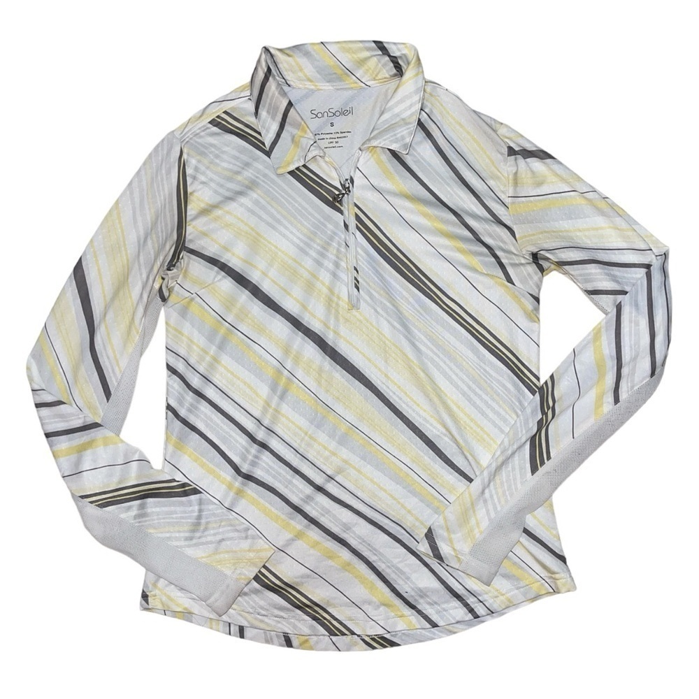 San Soleil UPF 50 yellow grey white stripe pullover women’s size small